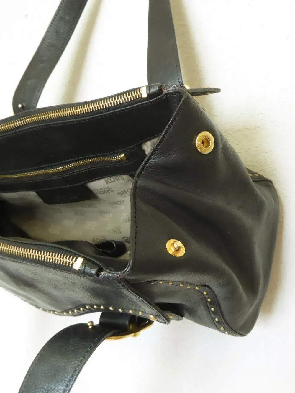 Vintage Y2K Michael Kors black leather gold studded hardware large handbag purse